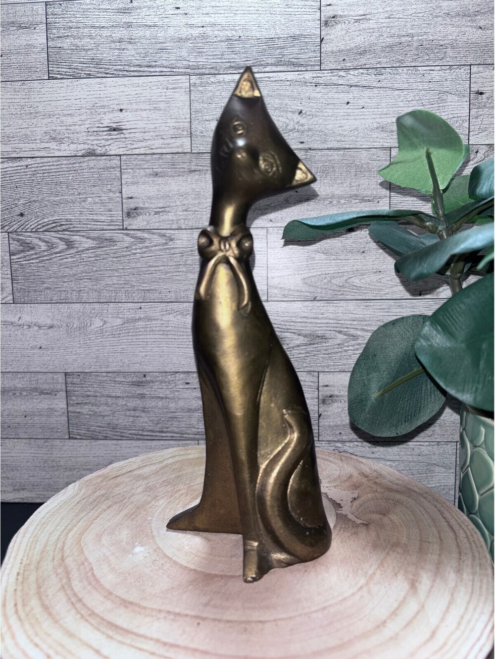 Vintage Mid Century Modern (MCM) Solid Brass Elongated Siamese Cat Figurine 8.5"